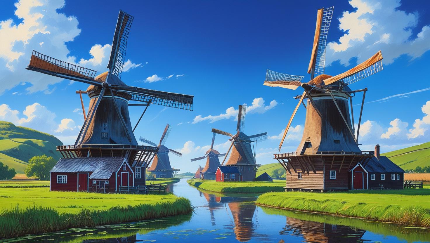 Iconic Dutch windmills in a landscape